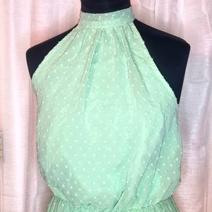 Pretty Garden Textured Polka Dot Halter Maxi Dress Light Mint Green Sz L NWT
